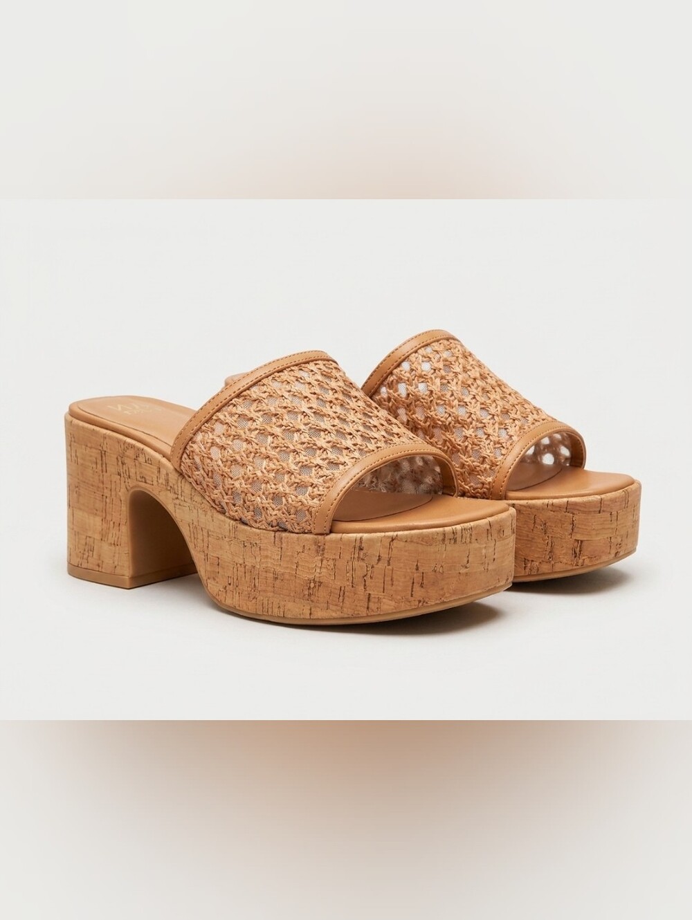 Madden NYC Size 9 Crochet Cork Platform Slide Sandals Tan Boho Heels
